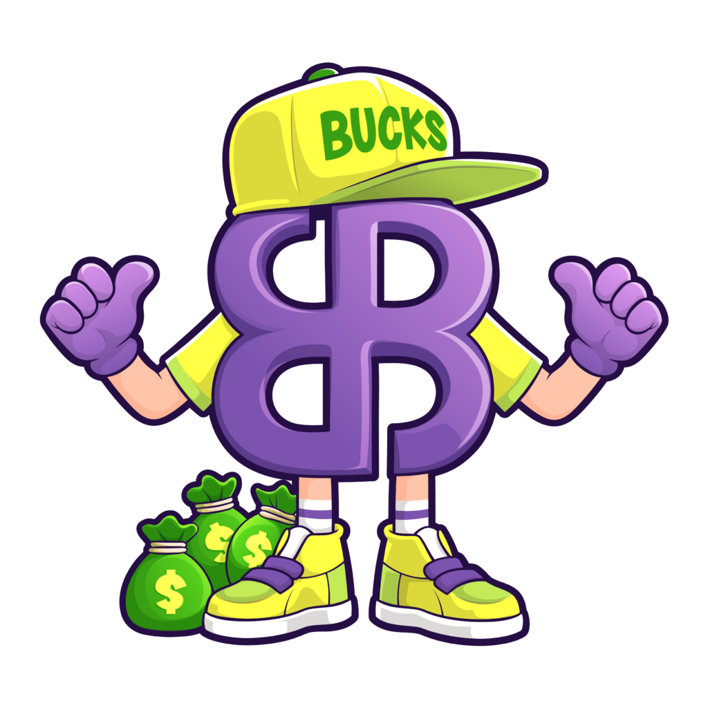 Bloom Bucks mascot logo featuring a purple 'BB' character wearing a yellow cap with 'BUCKS' written on it, along with matching sneakers and gloves, standing next to bags of money.