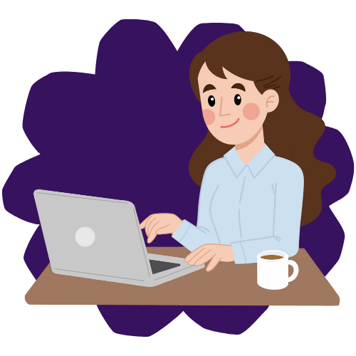 Illustration of a smiling teacher sitting at a desk, using a laptop with a cup of coffee beside her.