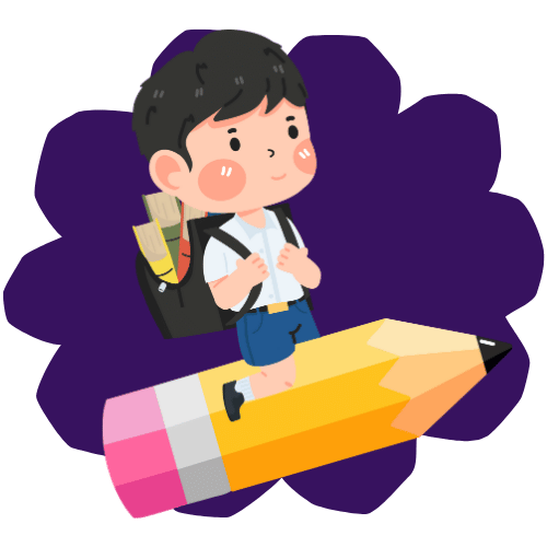 Illustration of a student riding a large pencil, with a backpack filled with supplies.