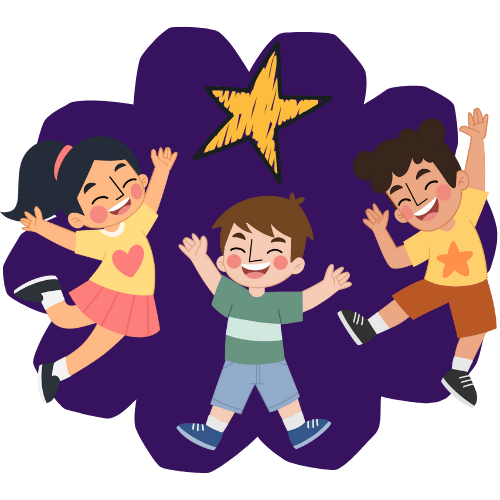 Three happy children jumping with joy beneath a shining golden star.